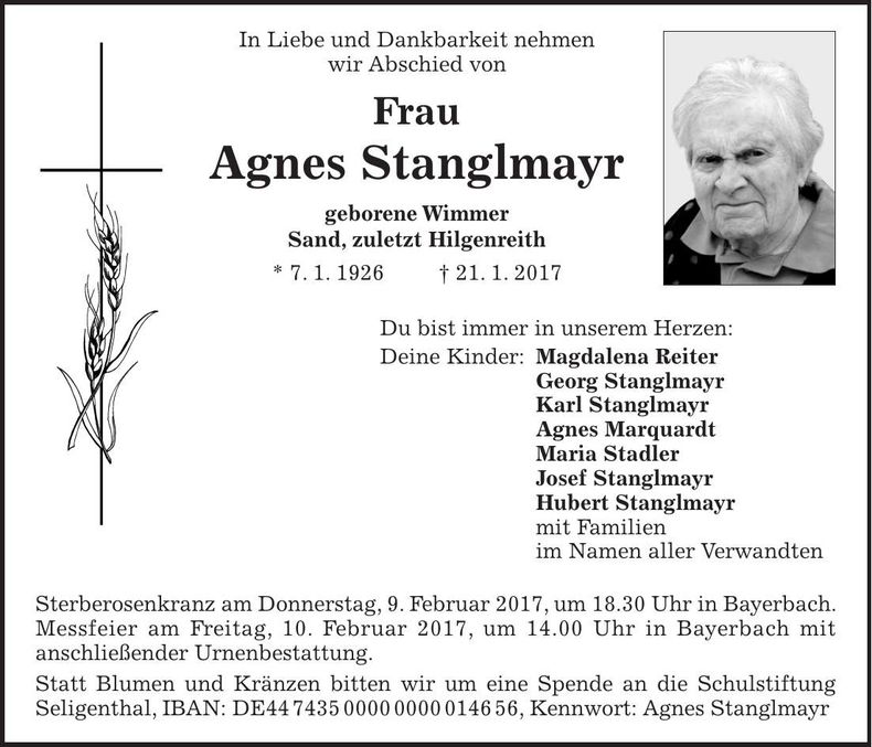 Traueranzeige Agnes Stanglmayr