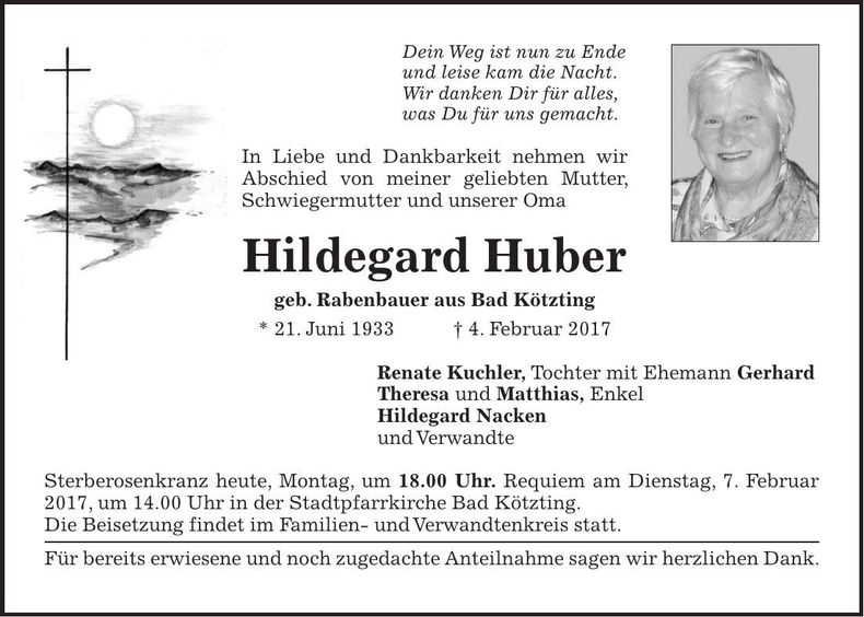 Traueranzeige Hildegard Huber