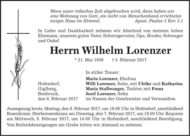 Traueranzeige Wilhelm Lorenzer