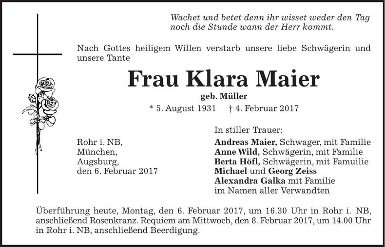 Traueranzeige Klara Maier