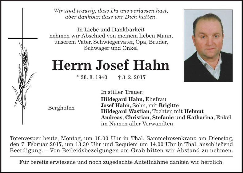 Traueranzeige Josef Hahn