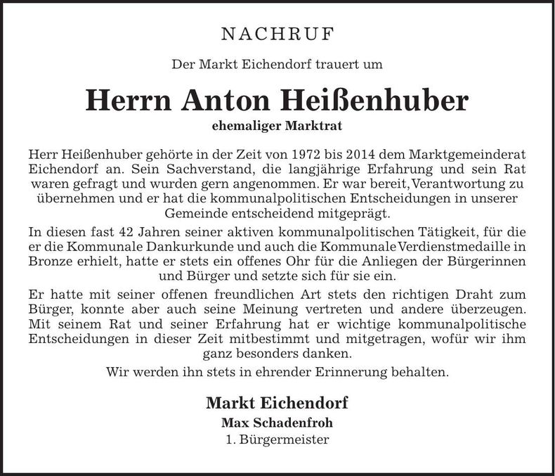 Traueranzeige Anton Heißenhuber