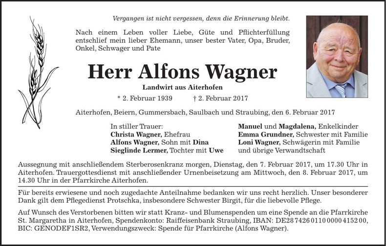 Traueranzeige Alfons Wagner