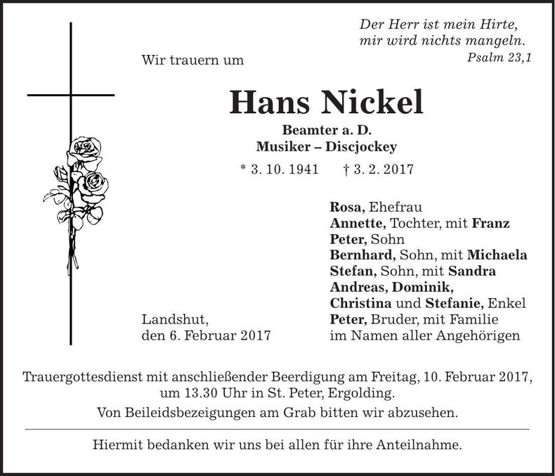 Traueranzeige Hans Nickel