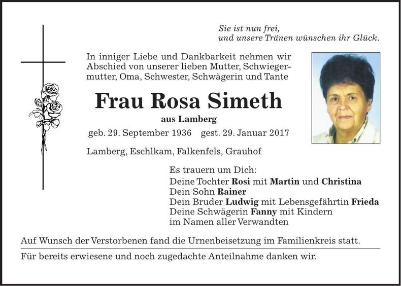 Traueranzeige Rosa Simeth