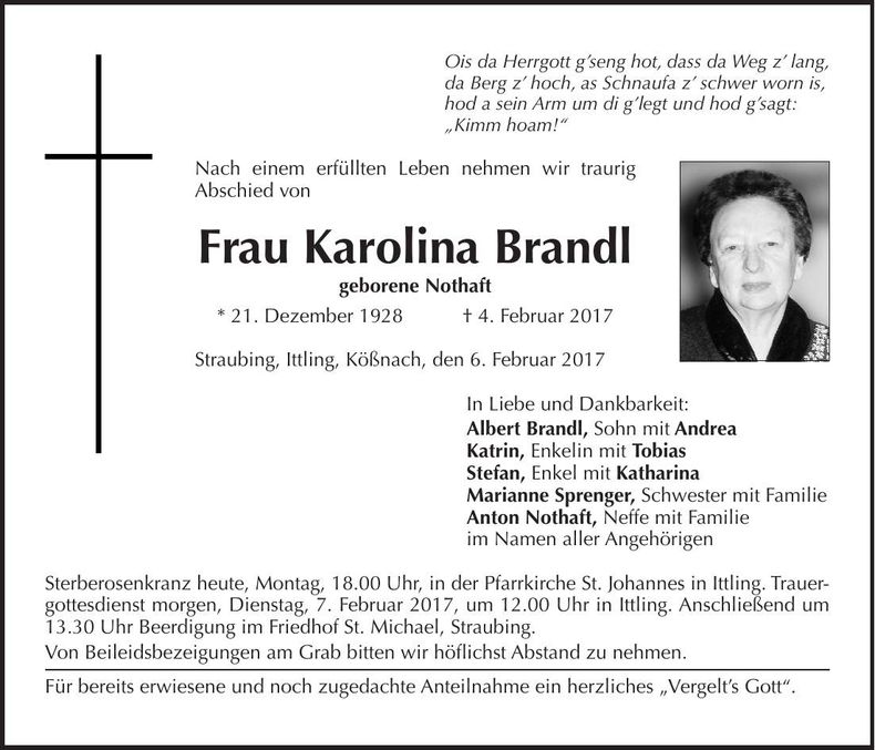 Traueranzeige Karolina Brandl