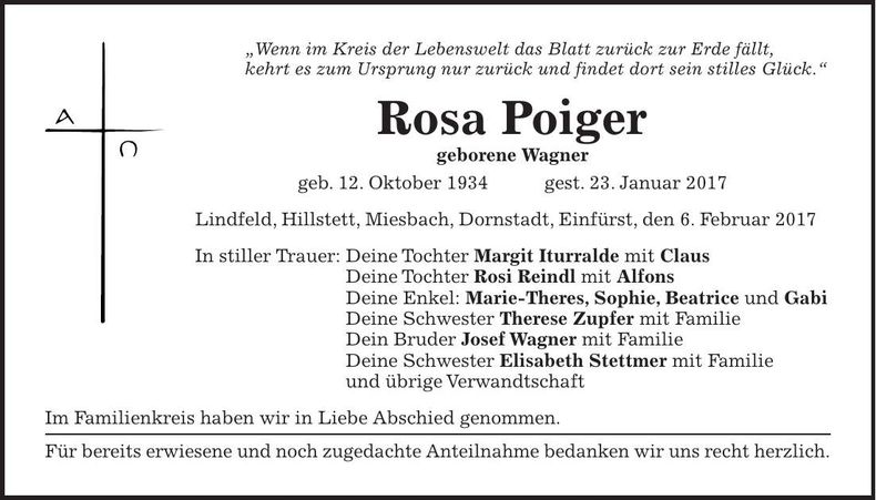 Traueranzeige Rosa Poiger