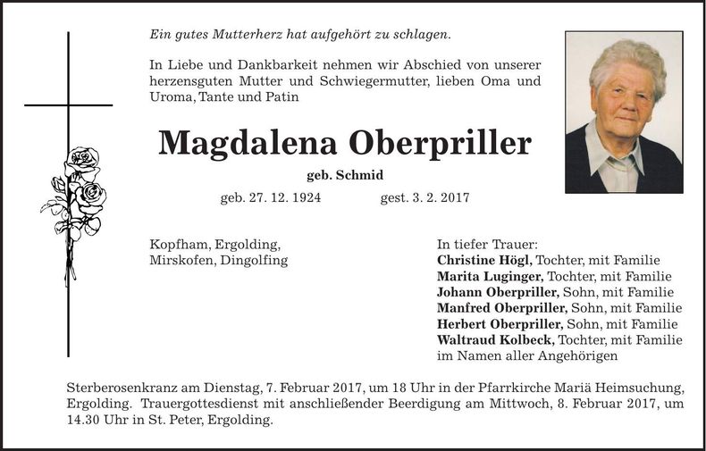 Traueranzeige Magdalena Oberpriller