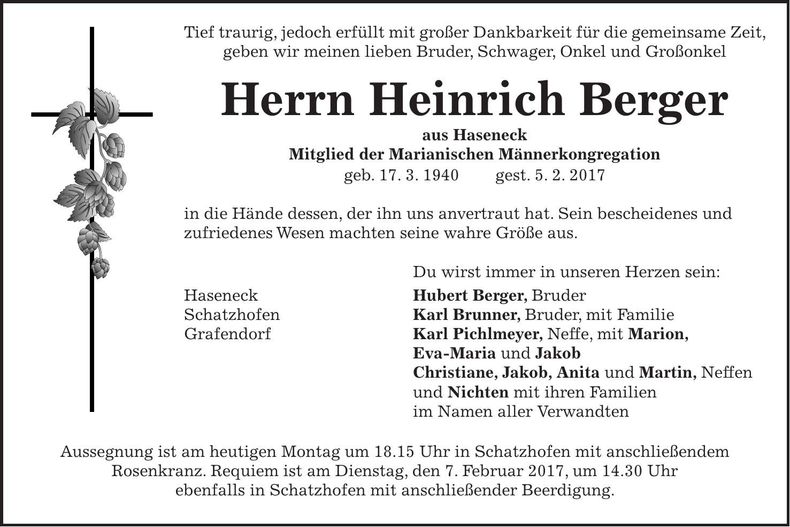 Traueranzeige Heinrich Berger