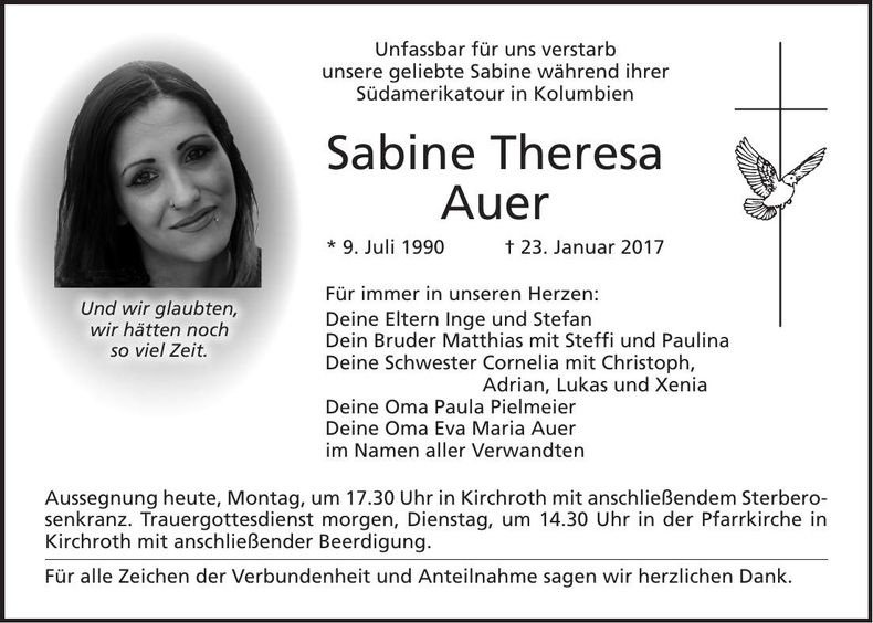 Traueranzeige Sabine Theresa Auer