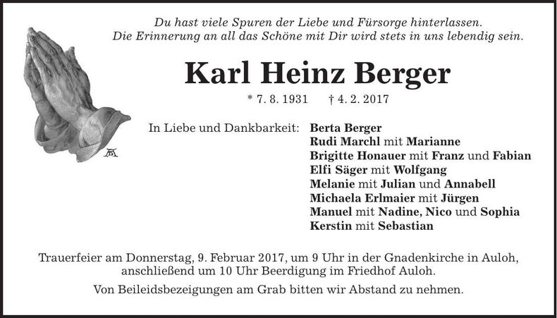 Traueranzeige Karl Heinz Berger