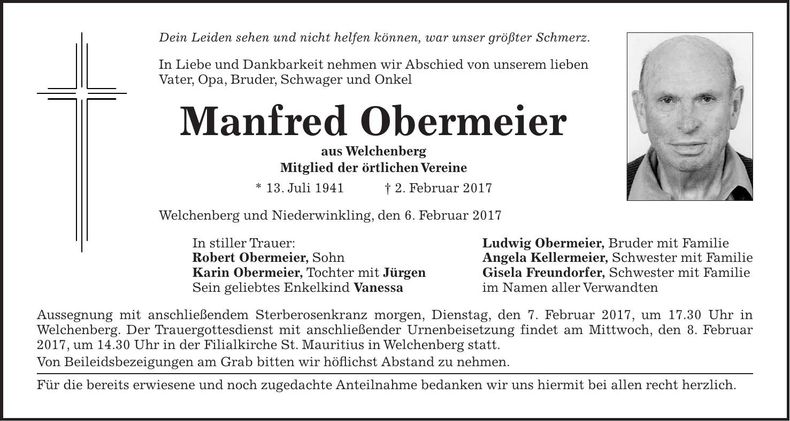 Traueranzeige Manfred Obermeier
