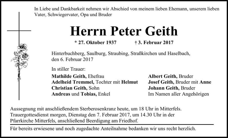 Traueranzeige Peter Geith