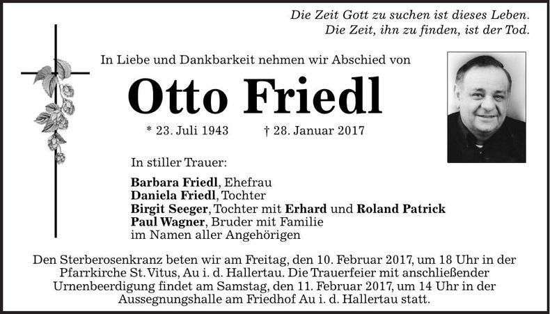 Traueranzeige Otto Friedl