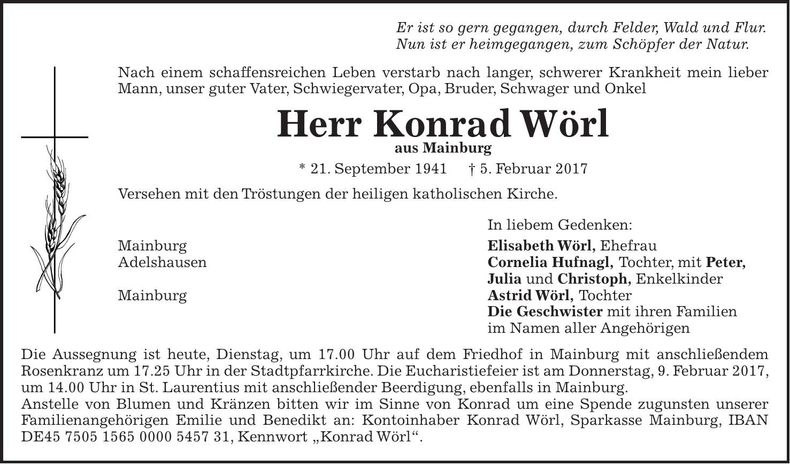 Traueranzeige Konrad Wörl