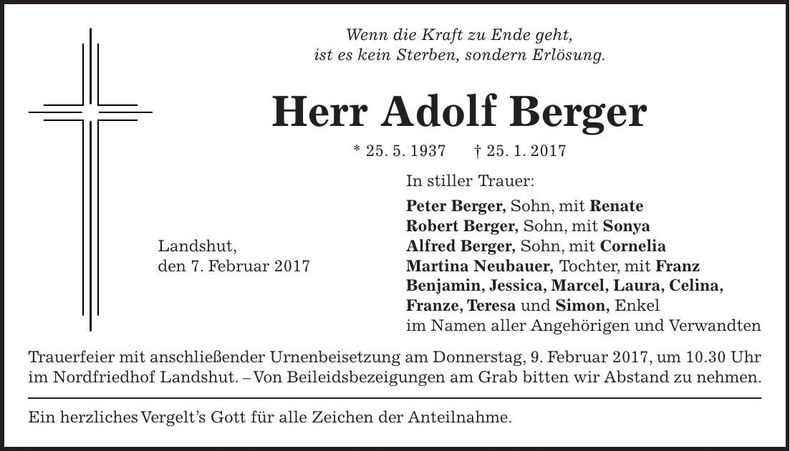 Traueranzeige Adolf Berger
