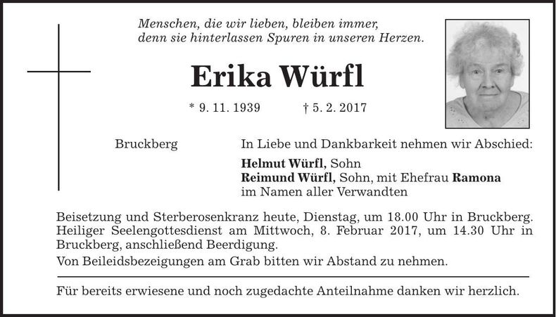Traueranzeige Erika Würfl