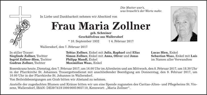 Traueranzeige Maria Zollner