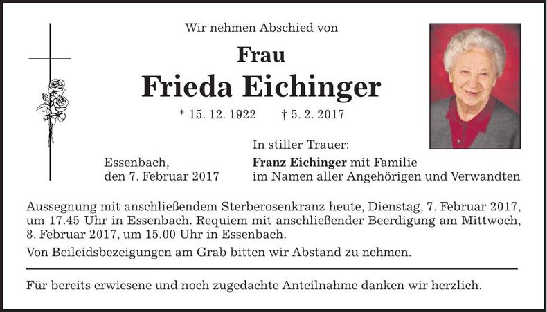 Traueranzeige Frieda Eichinger