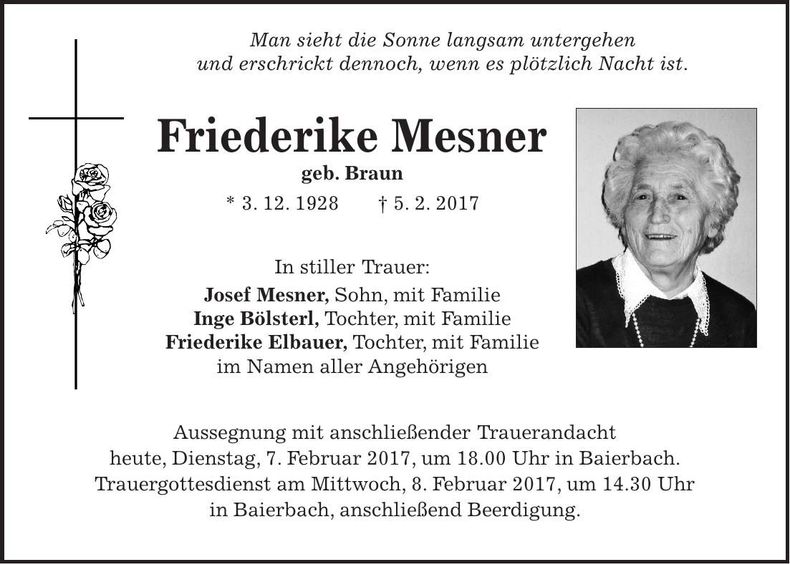 Traueranzeige Friederike Mesner