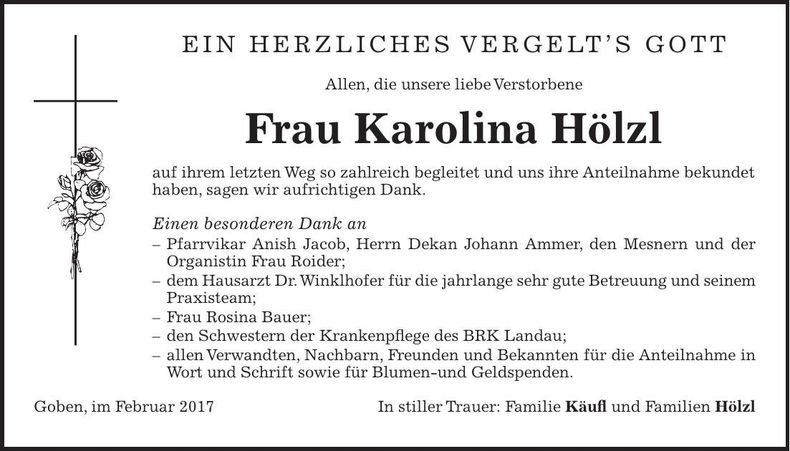 Traueranzeige Karolina Hölzl