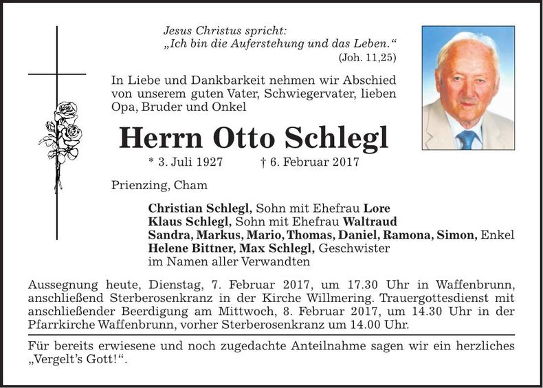 Traueranzeige Otto Schlegl