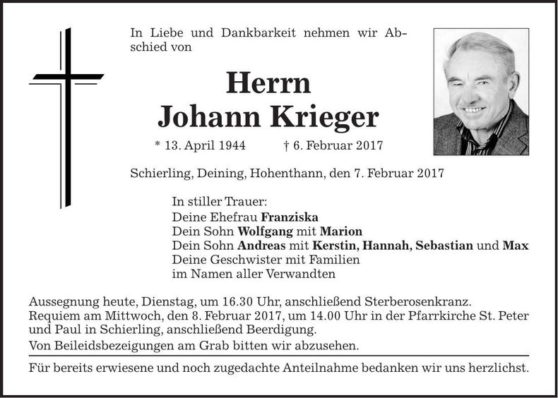 Traueranzeige Johann Krieger