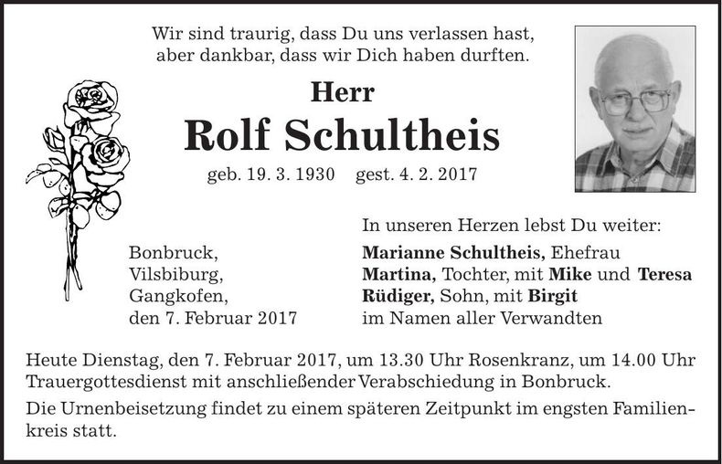 Traueranzeige Rolf Schultheis
