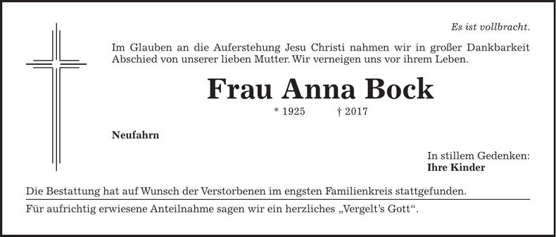 Traueranzeige Anna Bock