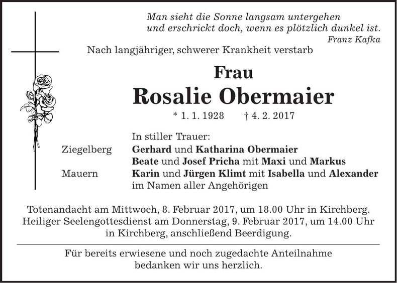 Traueranzeige Rosalie Obermaier