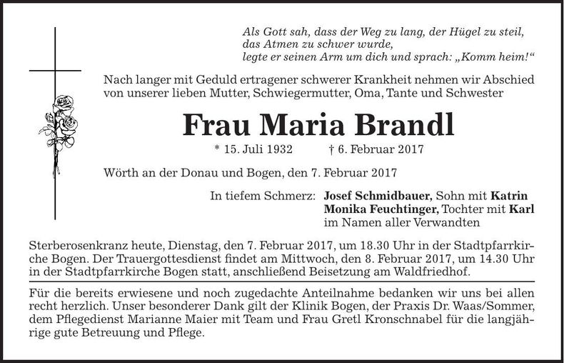 Traueranzeige Maria Brandl