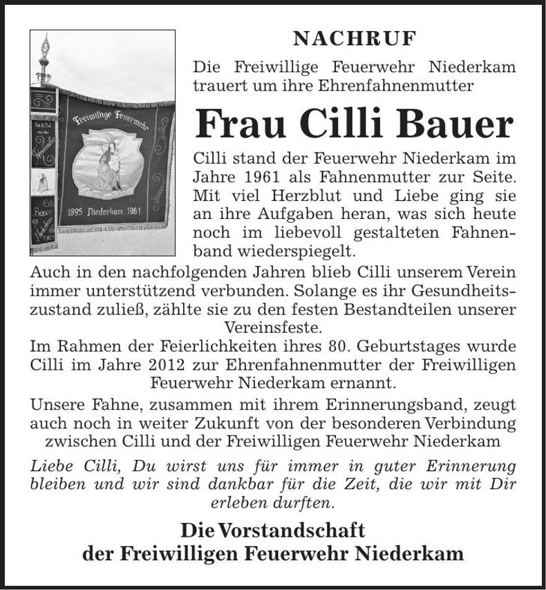 Traueranzeige Cilli Bauer