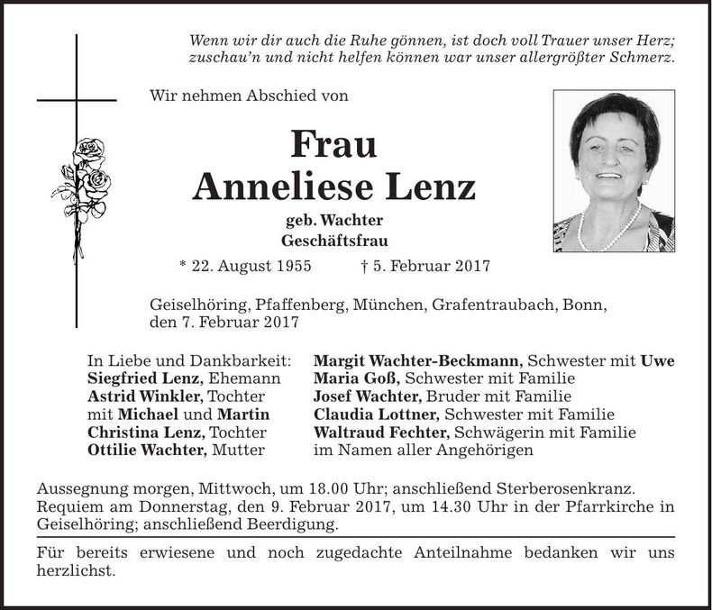 Traueranzeige Anneliese Lenz