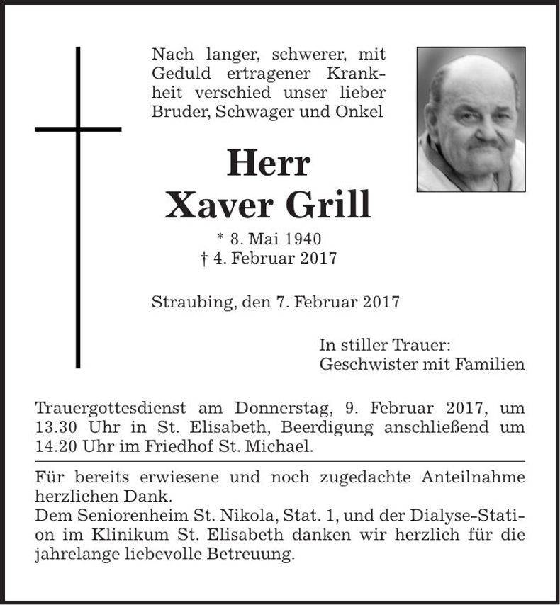 Traueranzeige Xaver Grill