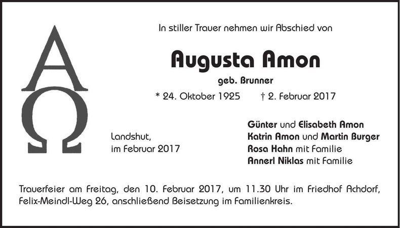 Traueranzeige Augusta Amon