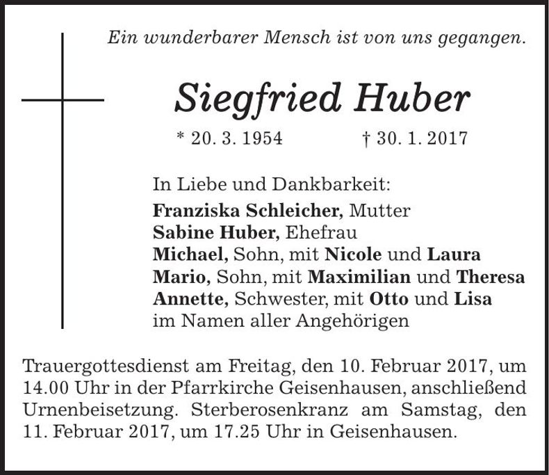 Traueranzeige Siegfried Huber