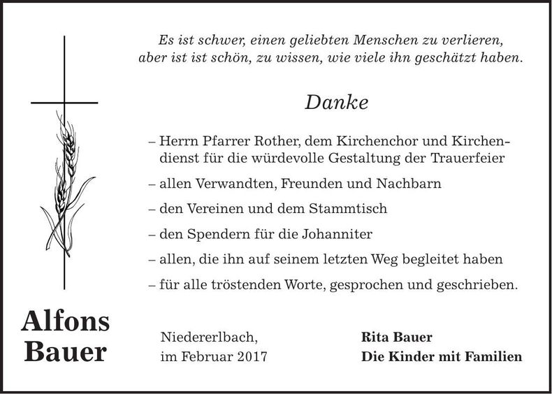 Traueranzeige Alfons Bauer