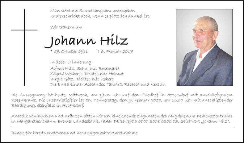 Traueranzeige Johann Hilz