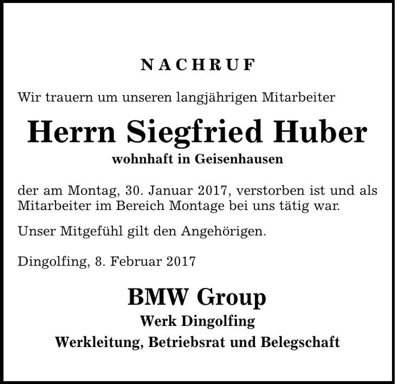 Traueranzeige Siegfried Huber
