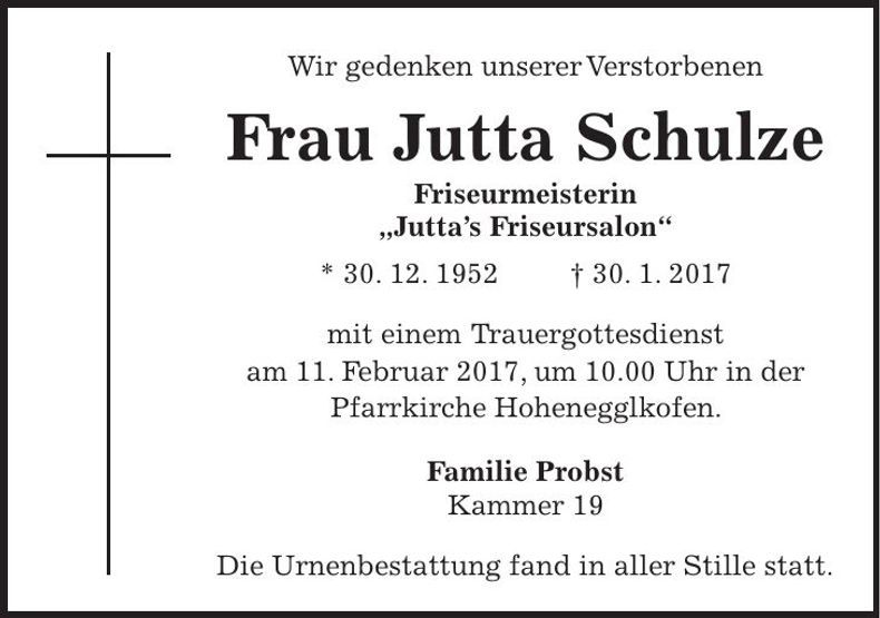 Traueranzeige Jutta Schulze