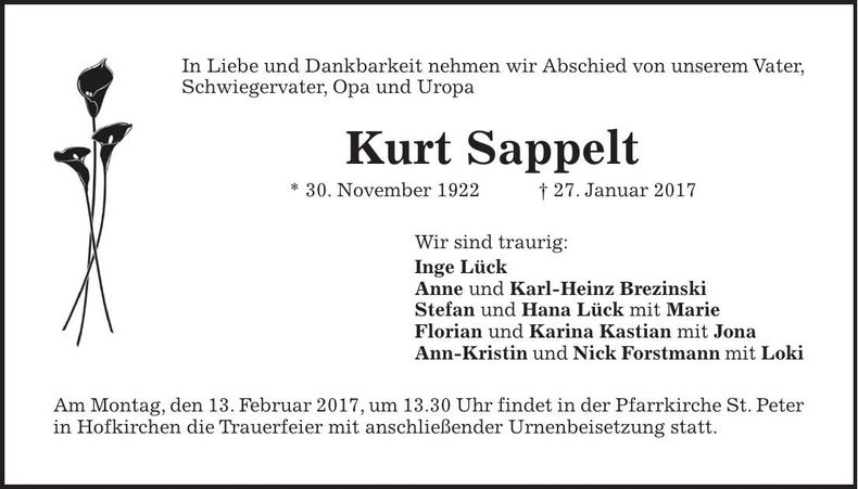 Traueranzeige Kurt Sappelt