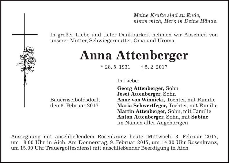 Traueranzeige Anna Attenberger