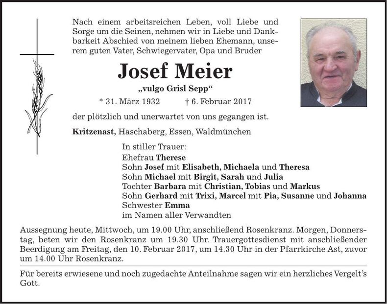 Traueranzeige Josef Meier