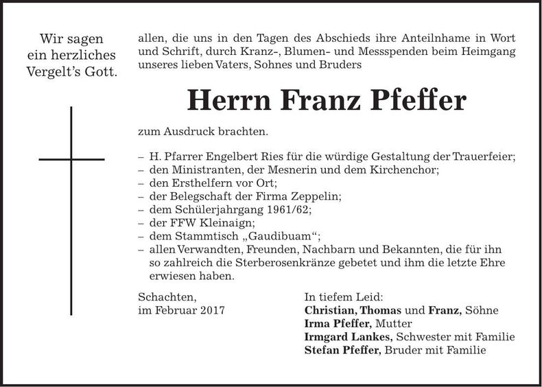Traueranzeige Franz Pfeffer
