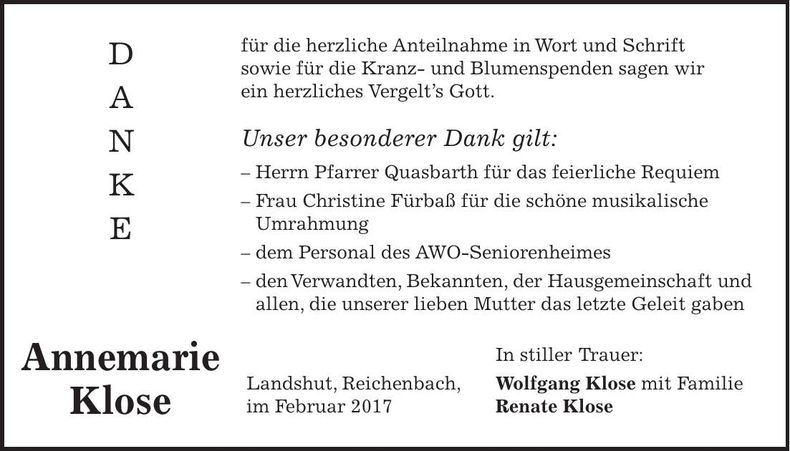 Traueranzeige Annemarie Klose
