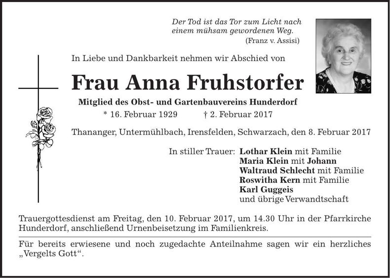 Traueranzeige Anna Fruhstorfer