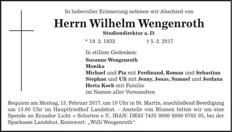 Traueranzeige Wilhelm Wengenroth