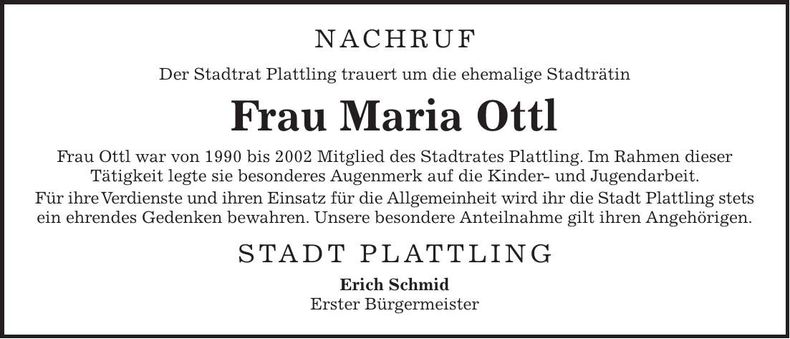 Traueranzeige Maria Ottl