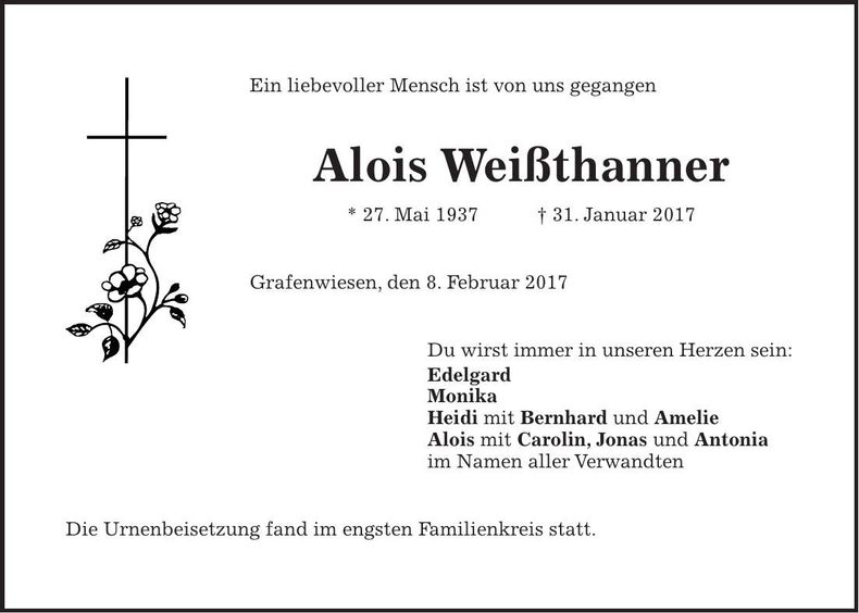 Traueranzeige Alois Weißthanner
