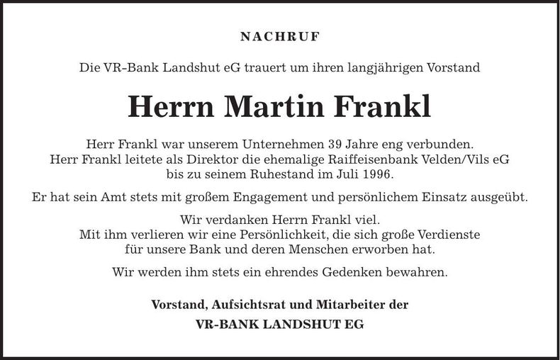 Traueranzeige Martin Frankl